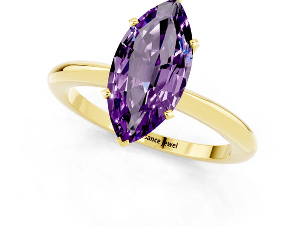 Yellow gold Marquise Cut Amethyst Solitaire Ring with Six-Prong Setting and Classic Band