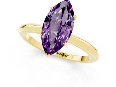 Yellow gold Marquise Cut Amethyst Solitaire Ring with Six-Prong Setting and Classic Band_1
