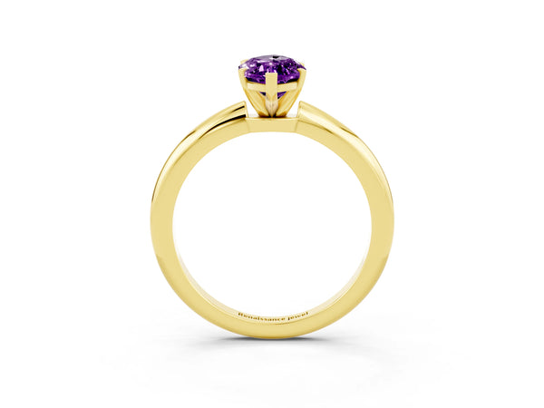 Yellow gold Marquise Cut Amethyst Solitaire Ring with Six-Prong Setting and Classic Band