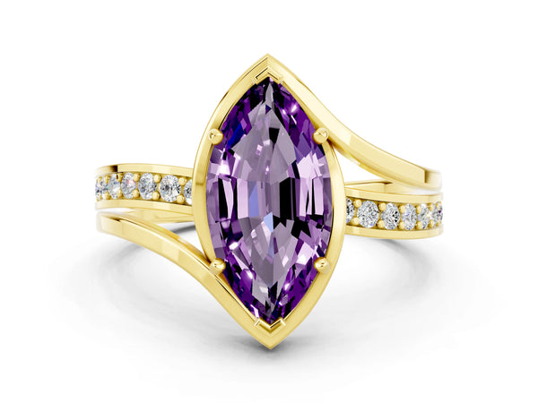Yellow gold Marquise Cut Amethyst Solitaire Ring with Split Shank and Prong Setting