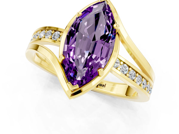 Yellow gold Marquise Cut Amethyst Solitaire Ring with Split Shank and Prong Setting