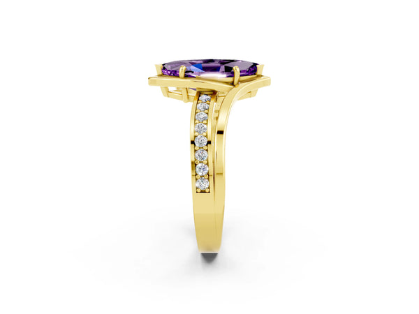 Yellow gold Marquise Cut Amethyst Solitaire Ring with Split Shank and Prong Setting