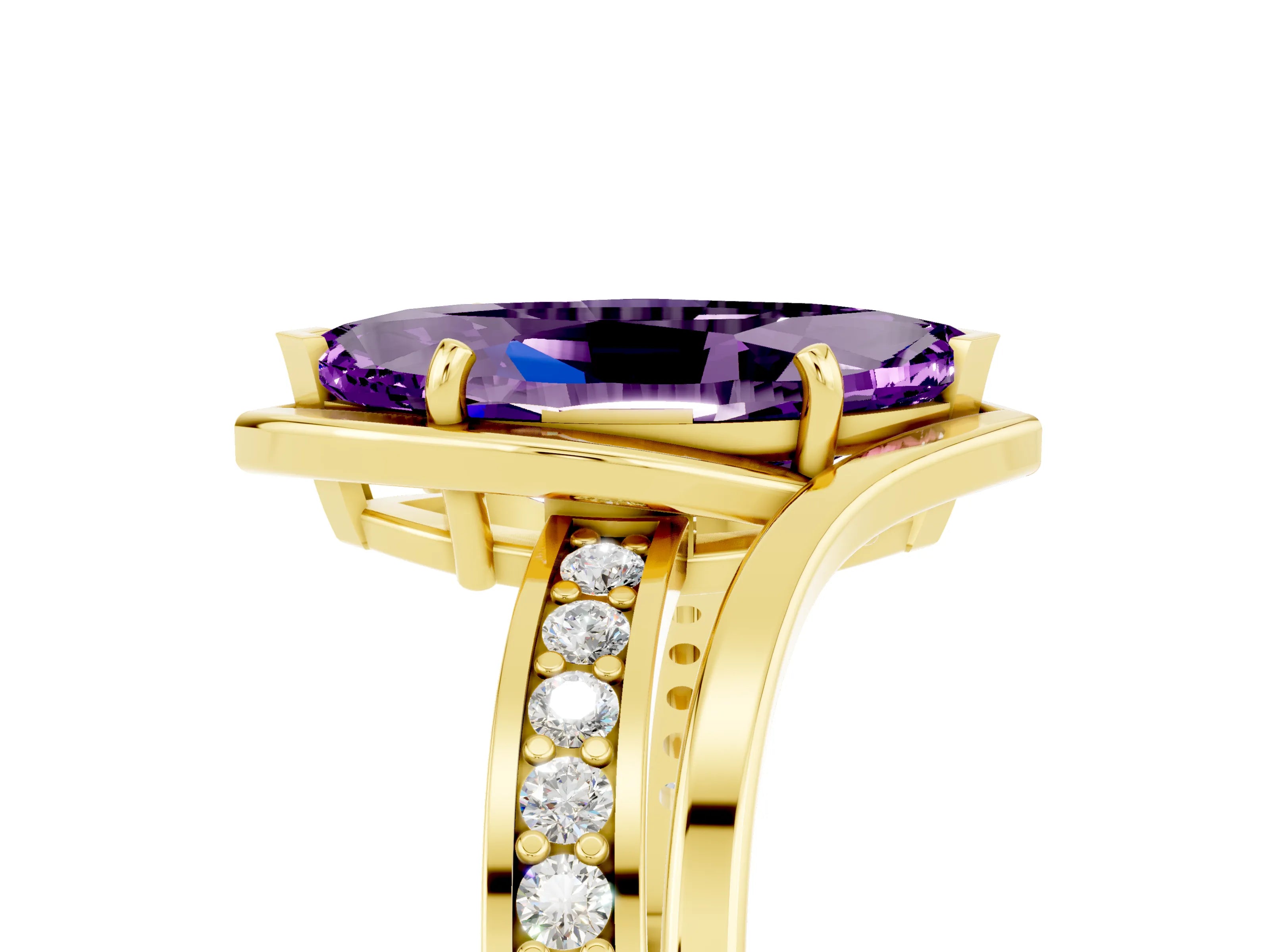Yellow gold Marquise Cut Amethyst Solitaire Ring with Split Shank and Prong Setting_5