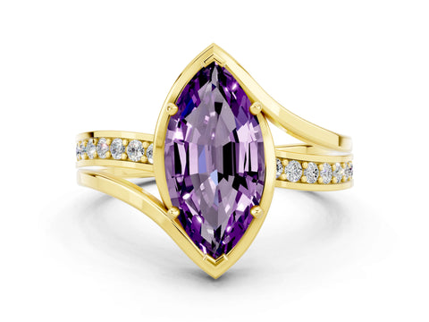 Yellow gold Marquise Cut Amethyst Solitaire Ring with Split Shank and Prong Setting