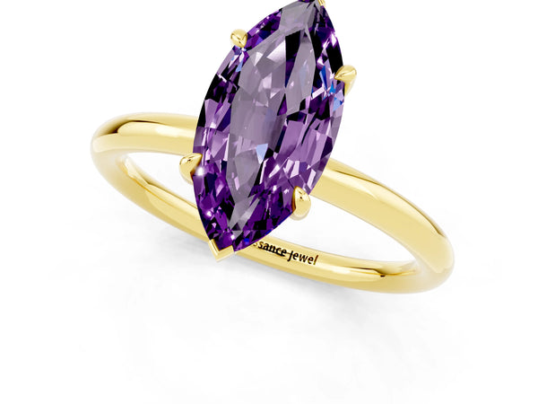 Yellow gold Marquise Cut Amethyst Solitaire Ring with Thin Band and Four-Prong Setting