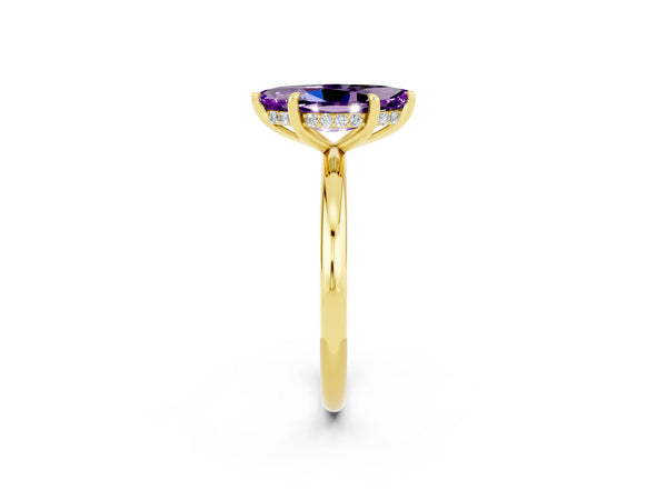 Yellow gold Marquise Cut Amethyst Solitaire Ring with Thin Band and Four-Prong Setting