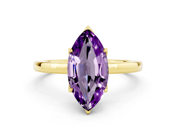 Yellow gold Marquise Cut Amethyst Solitaire Ring with Thin Band and Prong Setting