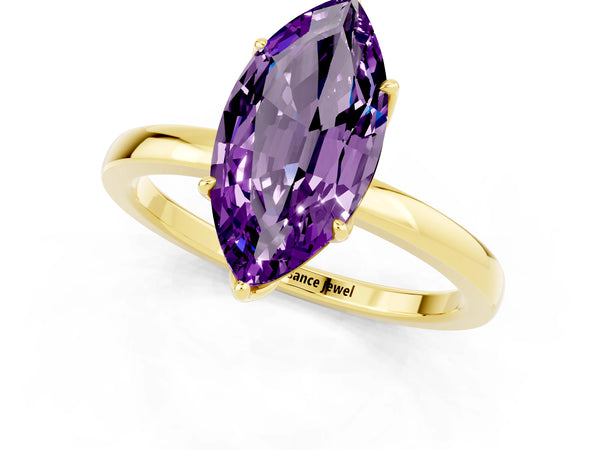 Yellow gold Marquise Cut Amethyst Solitaire Ring with Thin Band and Prong Setting