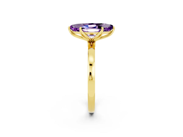 Yellow gold Marquise Cut Amethyst Solitaire Ring with Thin Band and Prong Setting