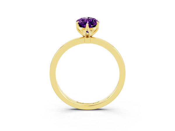 Yellow gold Marquise Cut Amethyst Solitaire Ring with Thin Band and Prong Setting