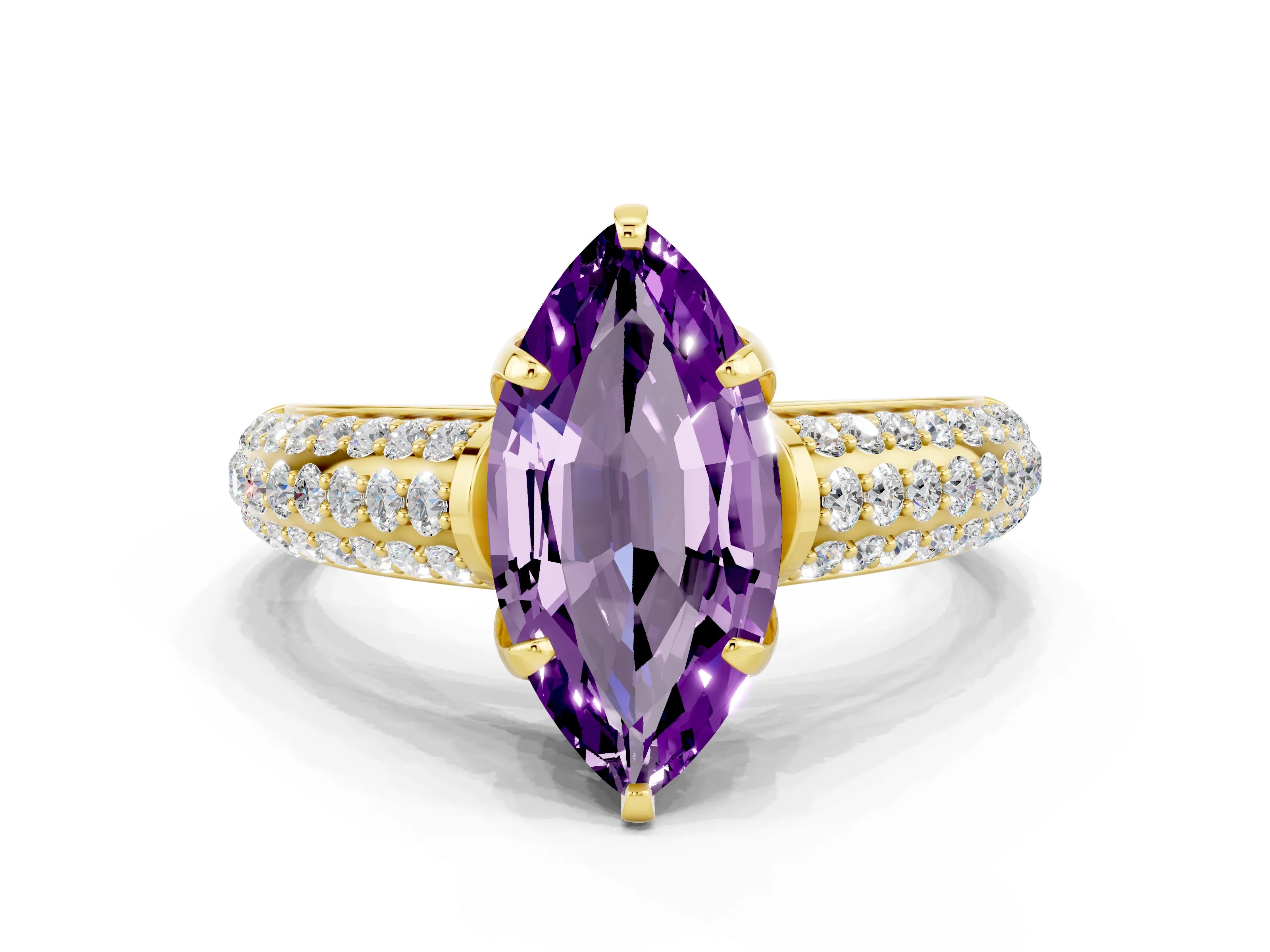 Yellow gold Marquise Cut Amethyst Solitaire Ring with Three-Row Pavé Band and Four-Prong Setting_12