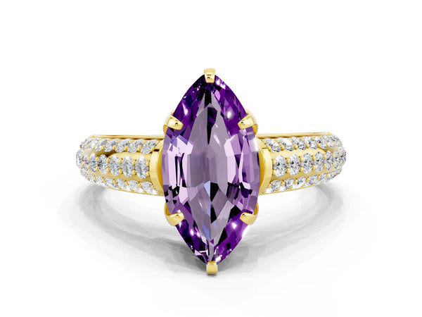 Yellow gold Marquise Cut Amethyst Solitaire Ring with Three-Row Pavé Band and Four-Prong Setting