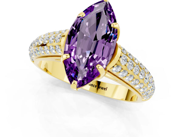 Yellow gold Marquise Cut Amethyst Solitaire Ring with Three-Row Pavé Band and Four-Prong Setting