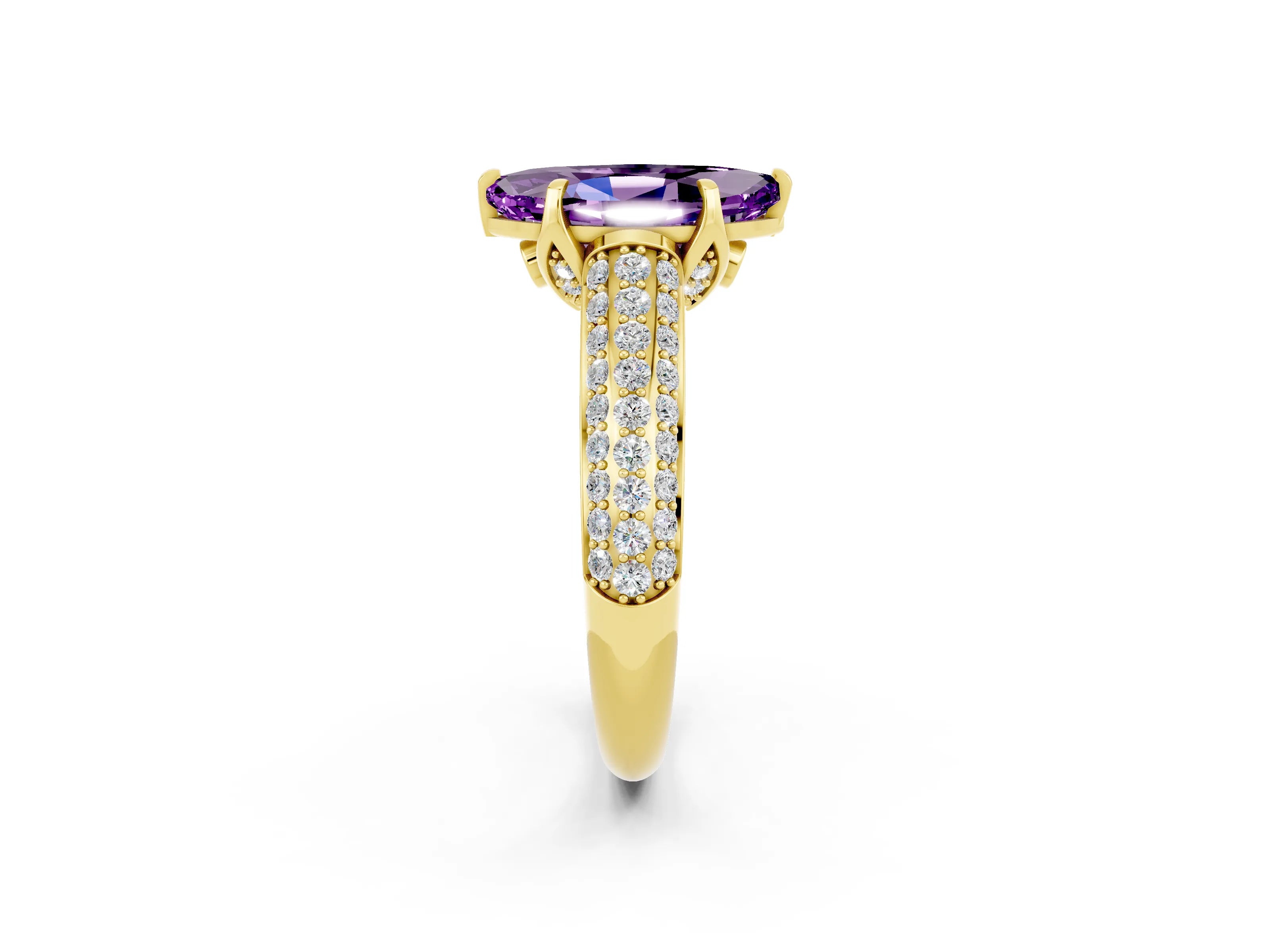 Yellow gold Marquise Cut Amethyst Solitaire Ring with Three-Row Pavé Band and Four-Prong Setting_14