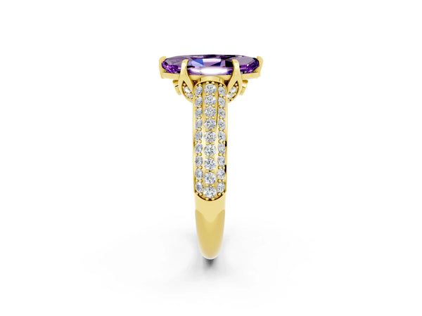 Yellow gold Marquise Cut Amethyst Solitaire Ring with Three-Row Pavé Band and Four-Prong Setting