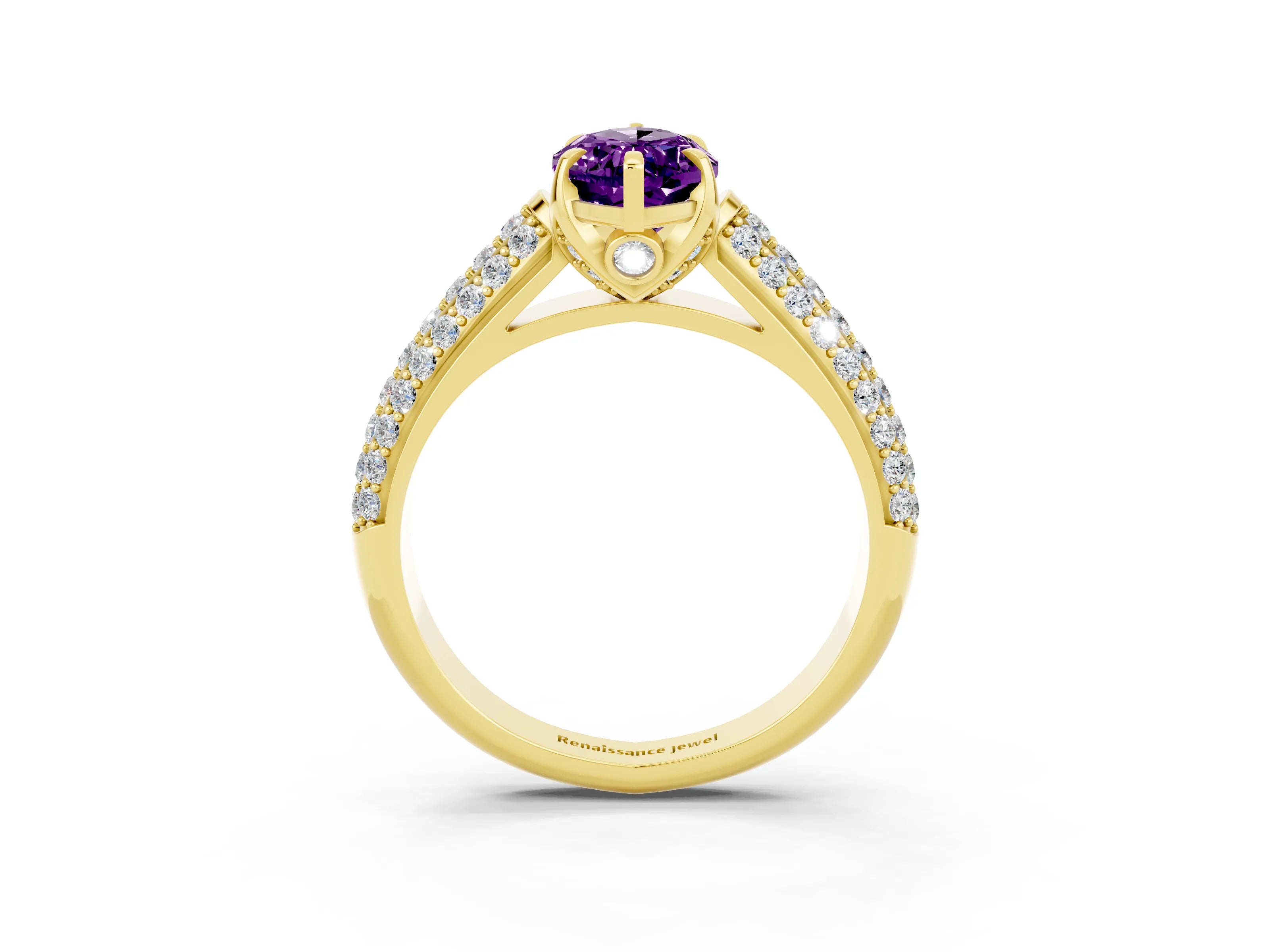 Yellow gold Marquise Cut Amethyst Solitaire Ring with Three-Row Pavé Band and Four-Prong Setting_15