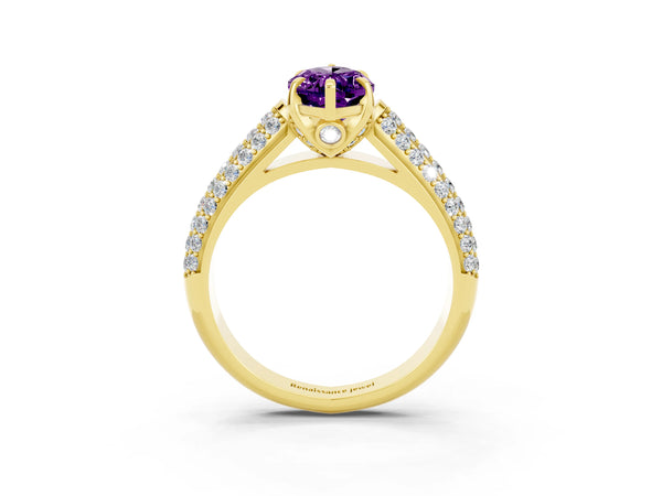 Yellow gold Marquise Cut Amethyst Solitaire Ring with Three-Row Pavé Band and Four-Prong Setting