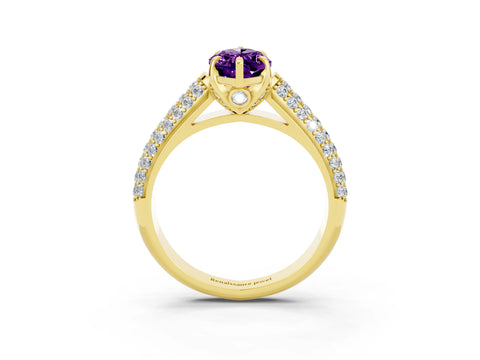 Yellow gold Marquise Cut Amethyst Solitaire Ring with Three-Row Pavé Band and Four-Prong Setting_15