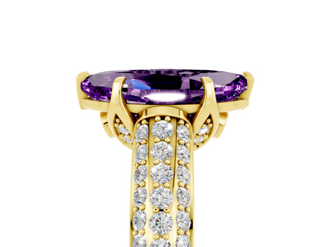 Yellow gold Marquise Cut Amethyst Solitaire Ring with Three-Row Pavé Band and Four-Prong Setting_17