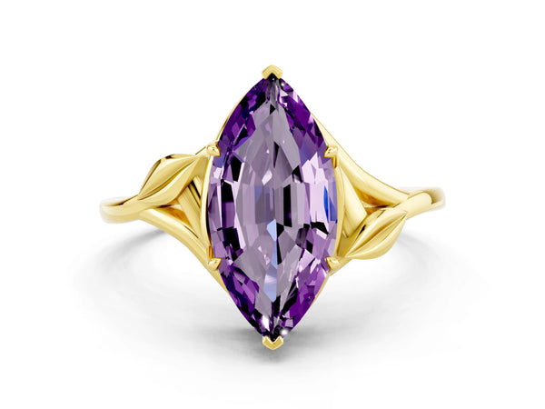 Yellow gold Marquise Cut Amethyst Solitaire Ring with Twist Band and Four-Prong Setting