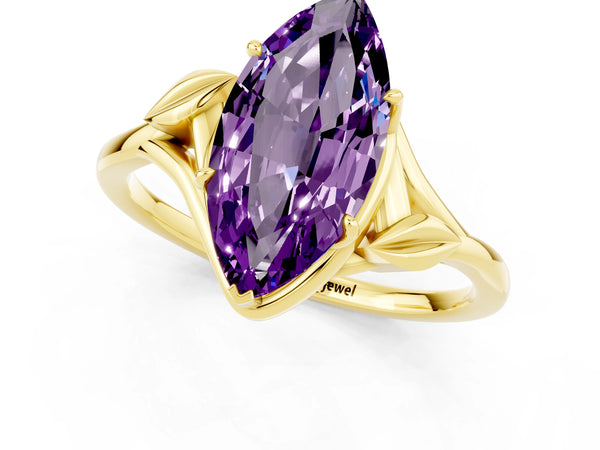 Yellow gold Marquise Cut Amethyst Solitaire Ring with Twist Band and Four-Prong Setting