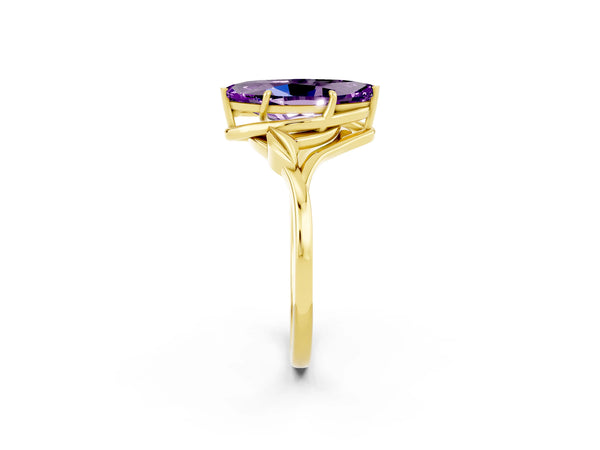 Yellow gold Marquise Cut Amethyst Solitaire Ring with Twist Band and Four-Prong Setting