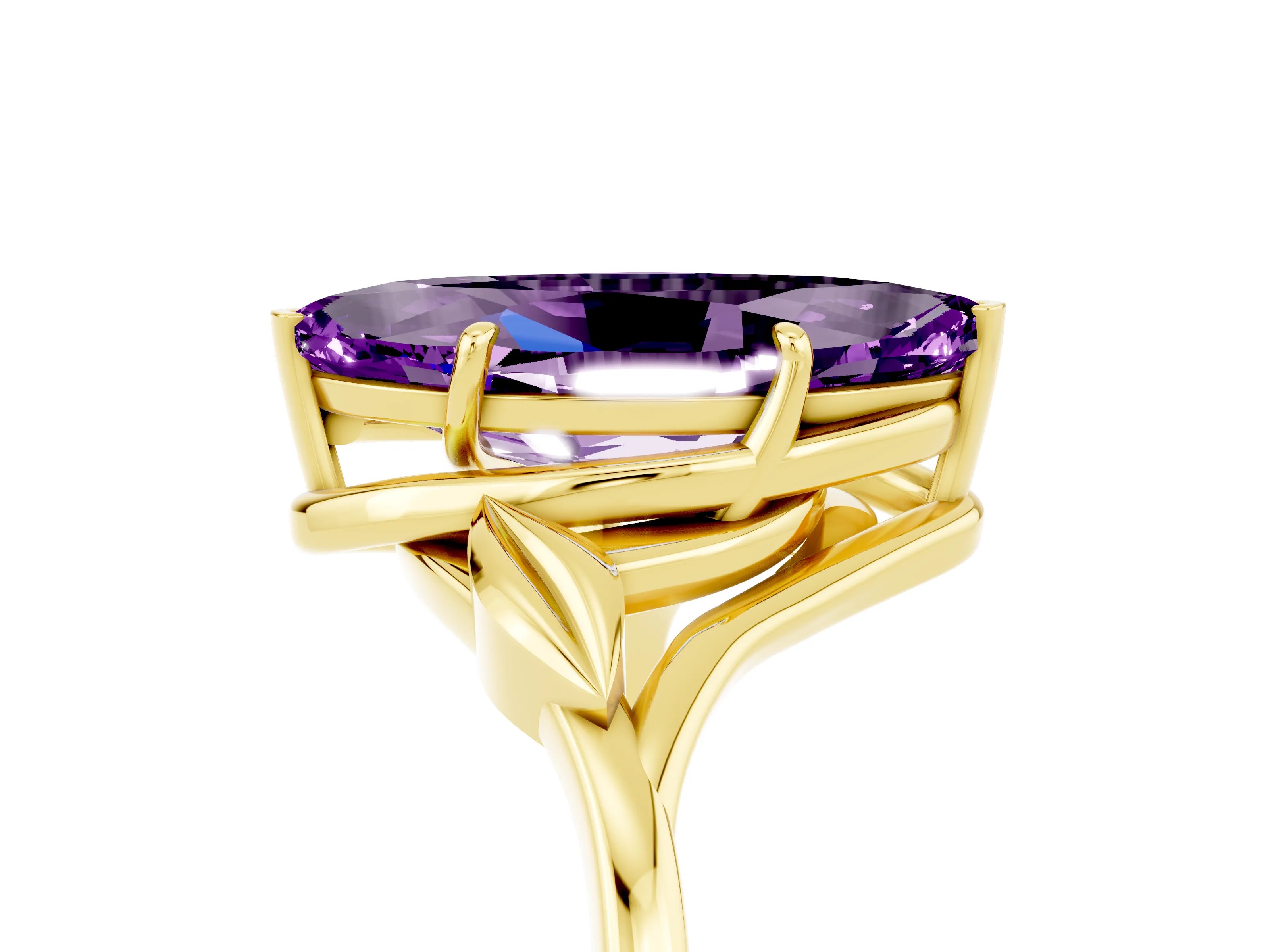 Yellow gold Marquise Cut Amethyst Solitaire Ring with Twist Band and Four-Prong Setting_29