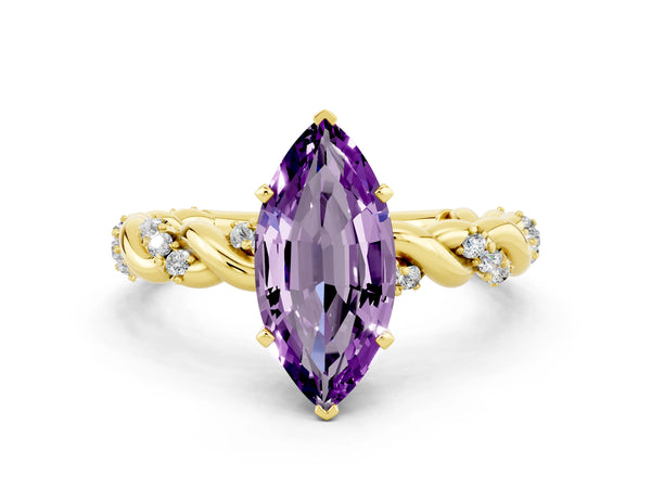 Yellow gold Marquise Cut Amethyst Solitaire Ring with Twisted Band and Pavé Accents