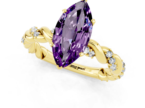 Yellow gold Marquise Cut Amethyst Solitaire Ring with Twisted Band and Pavé Accents