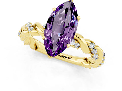 Yellow gold Marquise Cut Amethyst Solitaire Ring with Twisted Band and Pavé Accents_1
