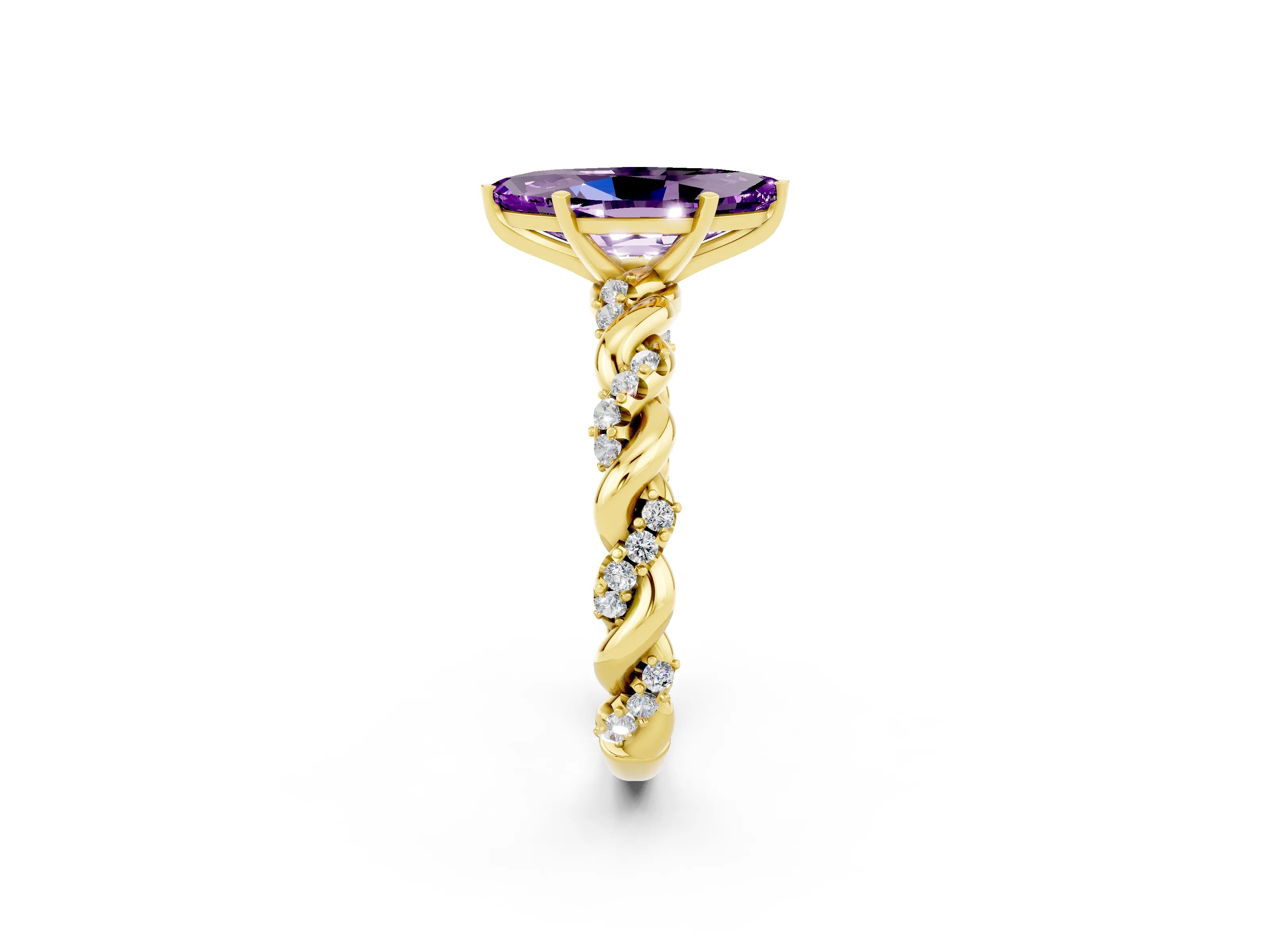 Yellow gold Marquise Cut Amethyst Solitaire Ring with Twisted Band and Pavé Accents_2