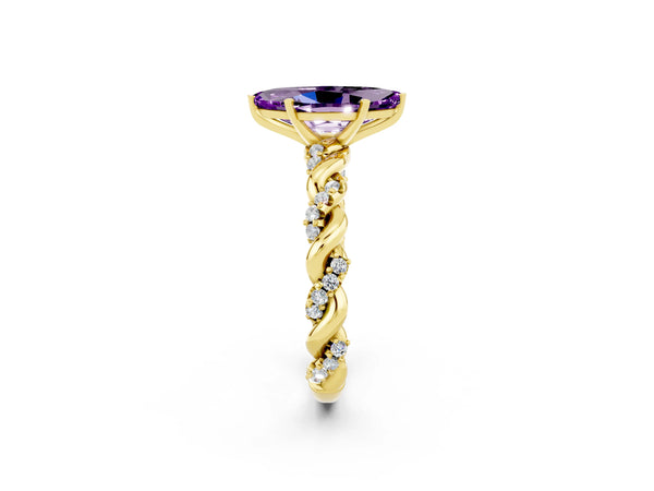 Yellow gold Marquise Cut Amethyst Solitaire Ring with Twisted Band and Pavé Accents