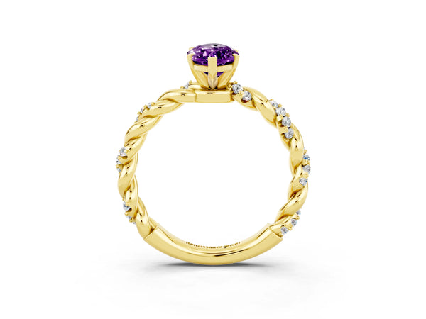Yellow gold Marquise Cut Amethyst Solitaire Ring with Twisted Band and Pavé Accents