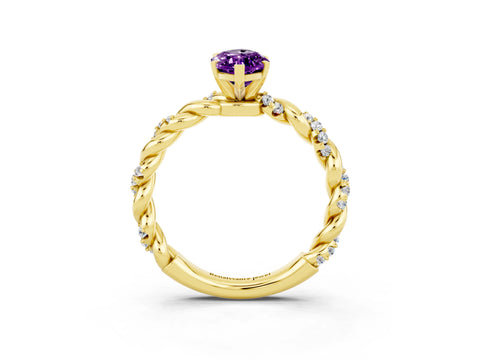 Yellow gold Marquise Cut Amethyst Solitaire Ring with Twisted Band and Pavé Accents_3