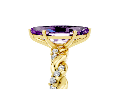 Yellow gold Marquise Cut Amethyst Solitaire Ring with Twisted Band and Pavé Accents_5