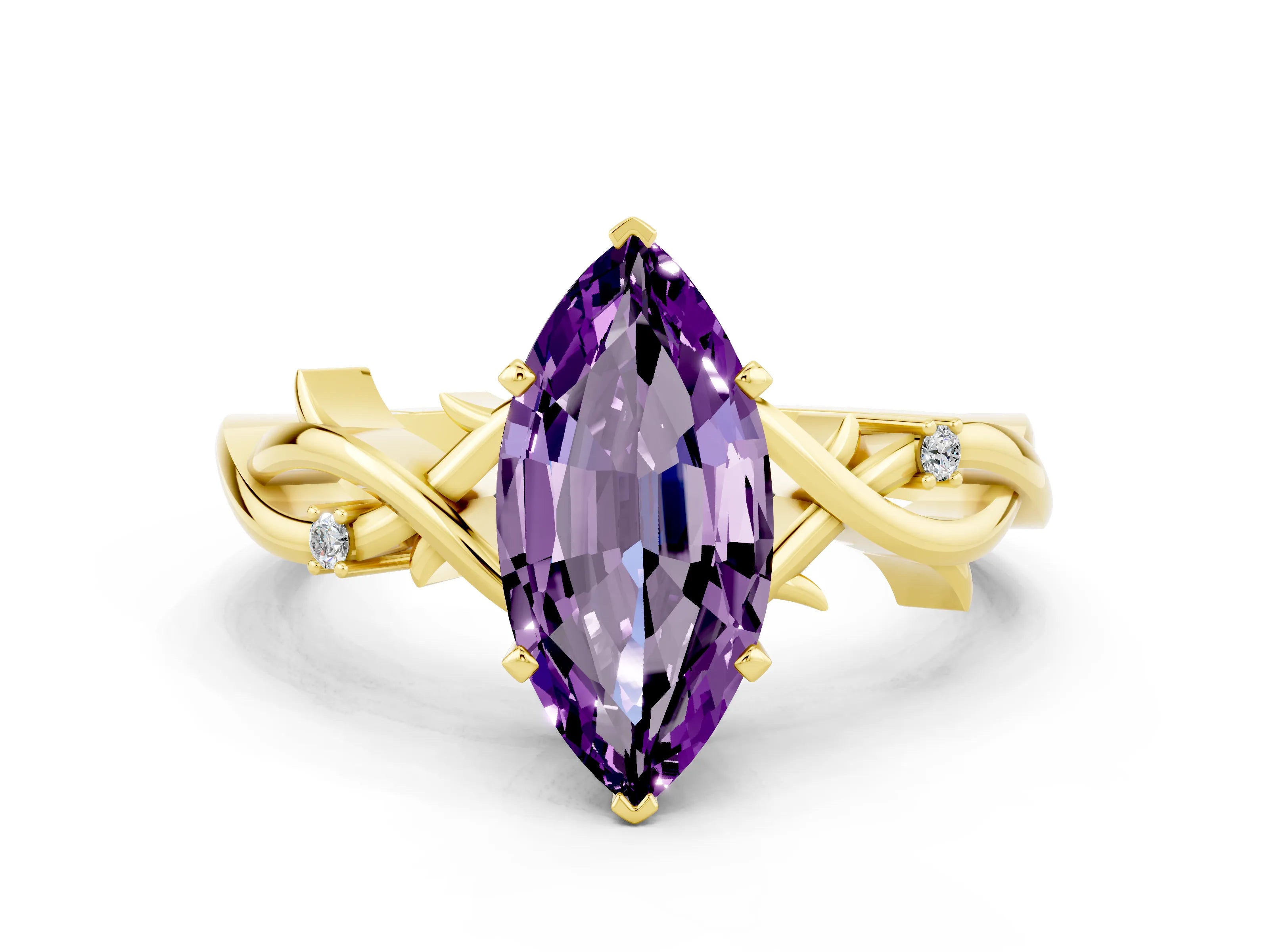 Yellow gold Marquise Cut Amethyst Solitaire Ring with Twisted Band and Prong Setting