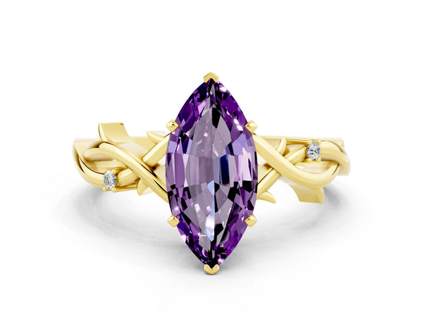 Yellow gold Marquise Cut Amethyst Solitaire Ring with Twisted Band and Prong Setting