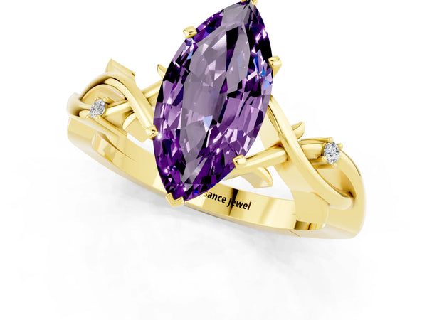 Yellow gold Marquise Cut Amethyst Solitaire Ring with Twisted Band and Prong Setting
