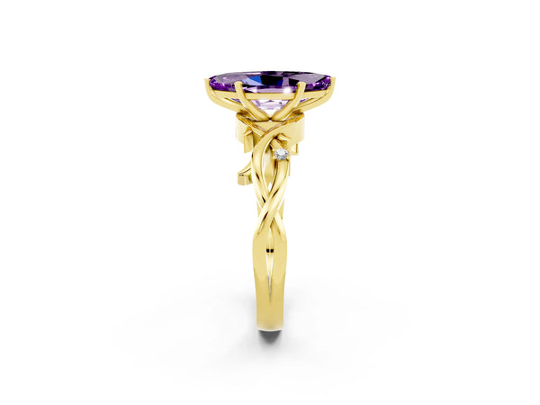 Yellow gold Marquise Cut Amethyst Solitaire Ring with Twisted Band and Prong Setting