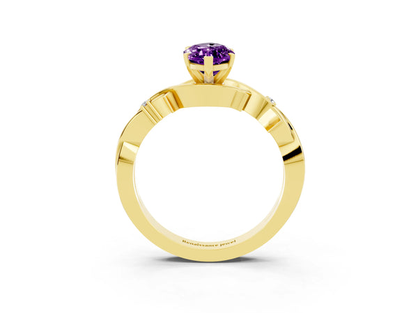 Yellow gold Marquise Cut Amethyst Solitaire Ring with Twisted Band and Prong Setting