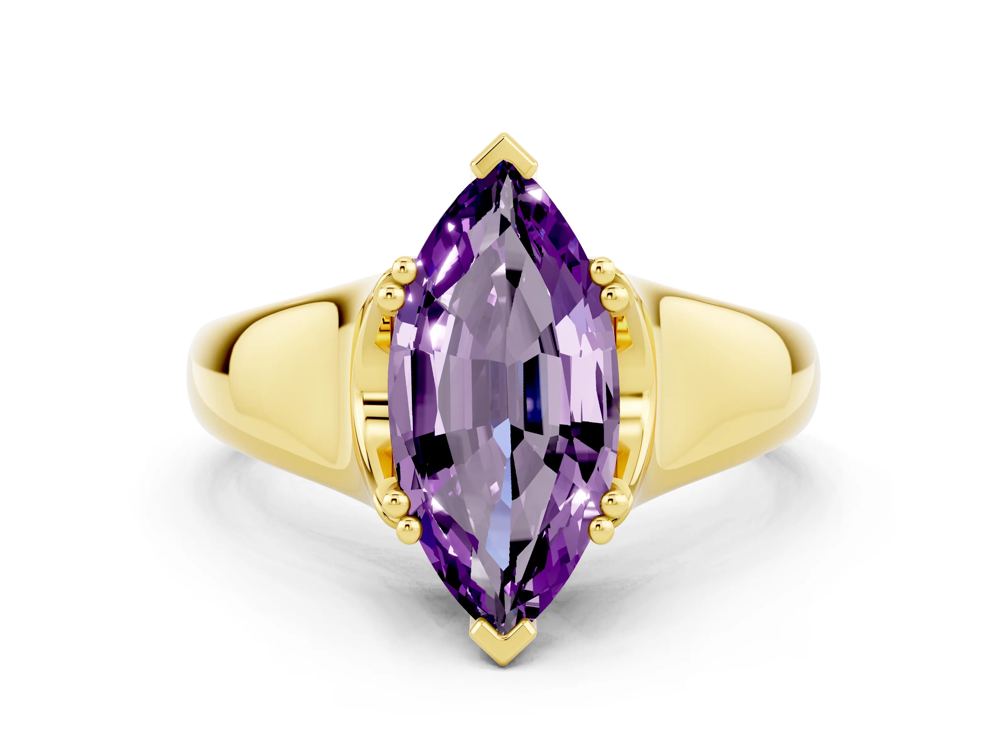Yellow gold Marquise Cut Amethyst Solitaire Ring with Wide Band and Prong Setting