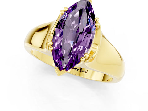 Yellow gold Marquise Cut Amethyst Solitaire Ring with Wide Band and Prong Setting_1