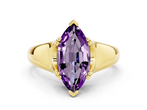 Yellow gold Marquise Cut Amethyst Solitaire Ring with Wide Band and Prong Setting