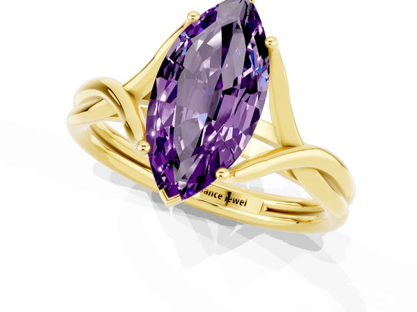 Yellow gold Marquise Cut Amethyst Solitaire Twist Band Prong Setting Ring