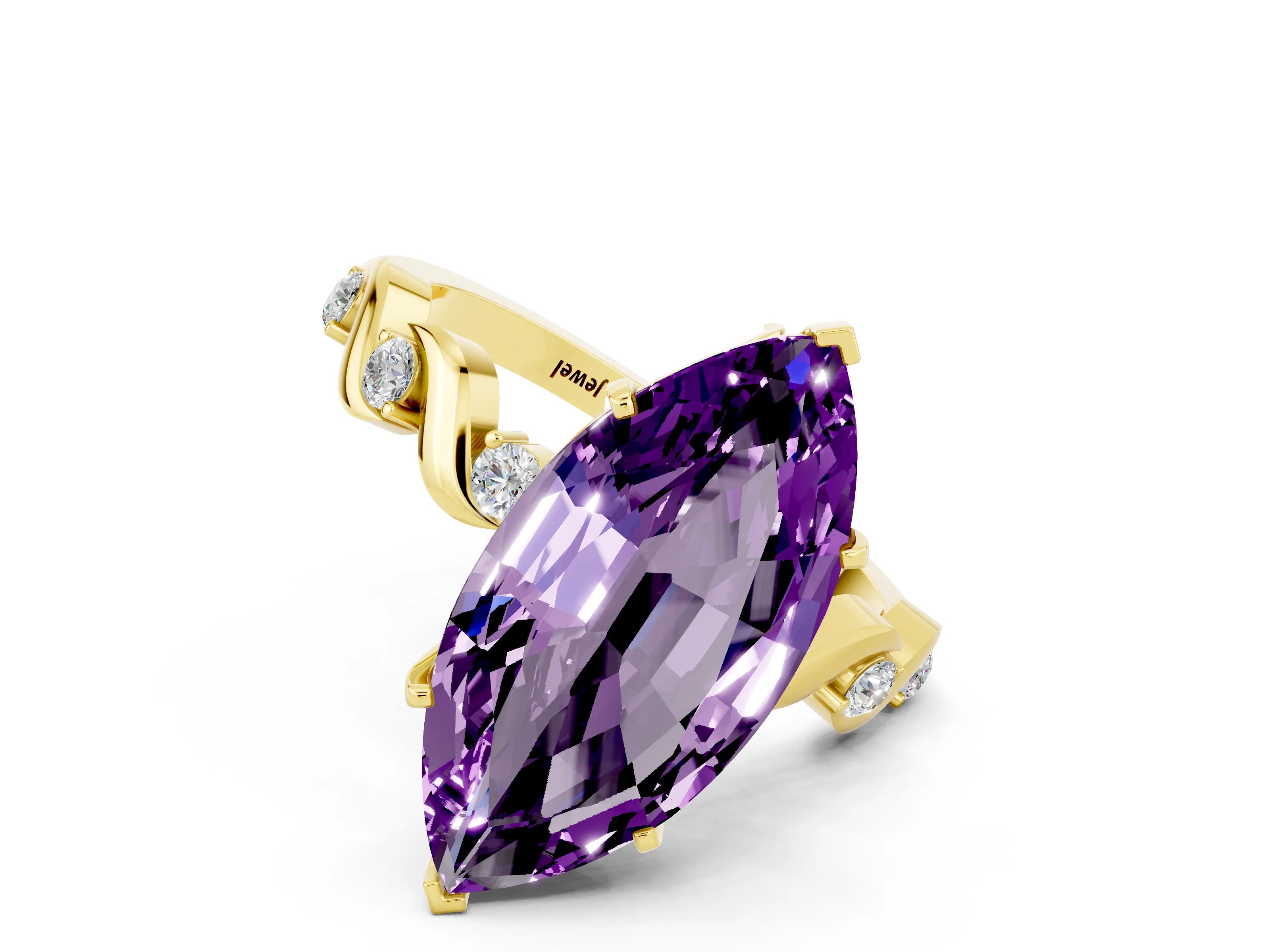 Yellow gold Marquise Cut Amethyst Solitaire Twisted Band with Round  Accents and Prong Setting_12