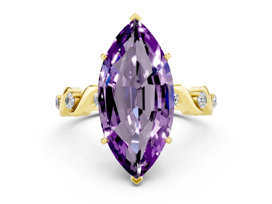 Yellow gold Marquise Cut Amethyst Solitaire Twisted Band with Round  Accents and Prong Setting_12