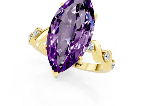 Yellow gold Marquise Cut Amethyst Solitaire Twisted Band with Round  Accents and Prong Setting_13