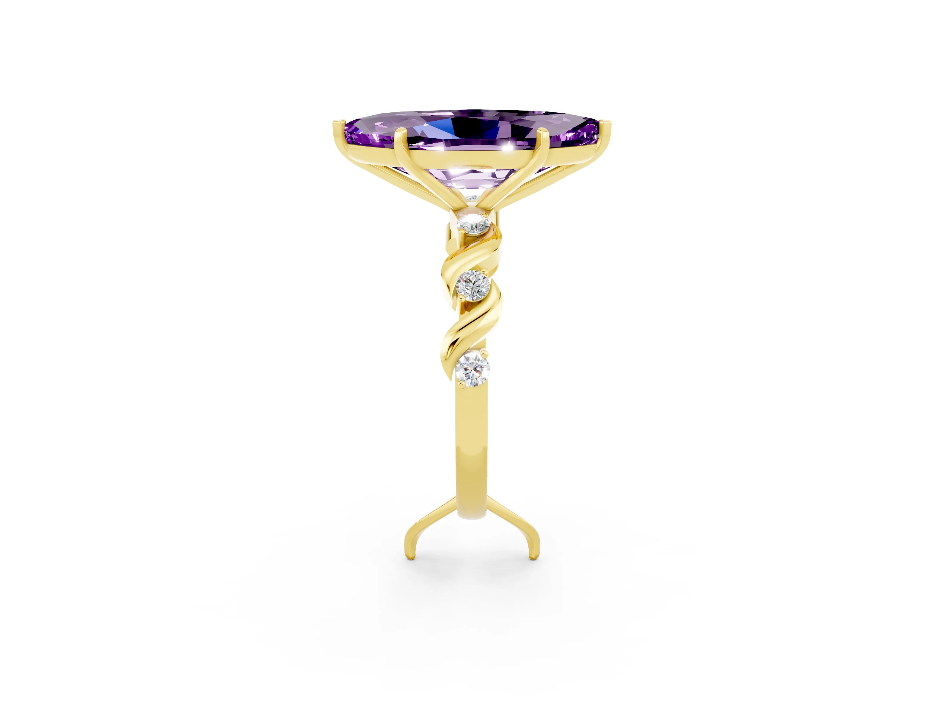 Yellow gold Marquise Cut Amethyst Solitaire Twisted Band with Round  Accents and Prong Setting_14
