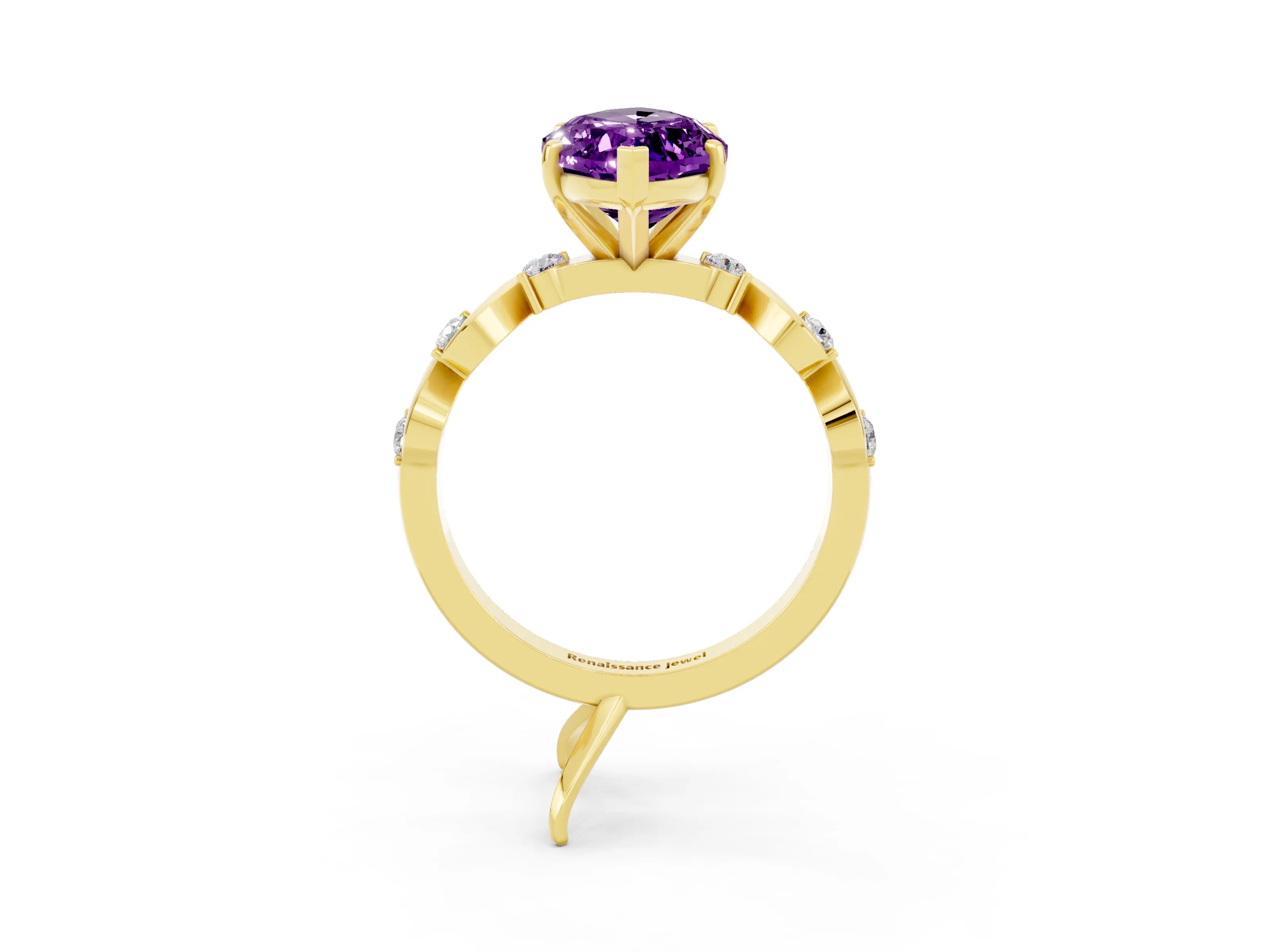 Yellow gold Marquise Cut Amethyst Solitaire Twisted Band with Round  Accents and Prong Setting_15