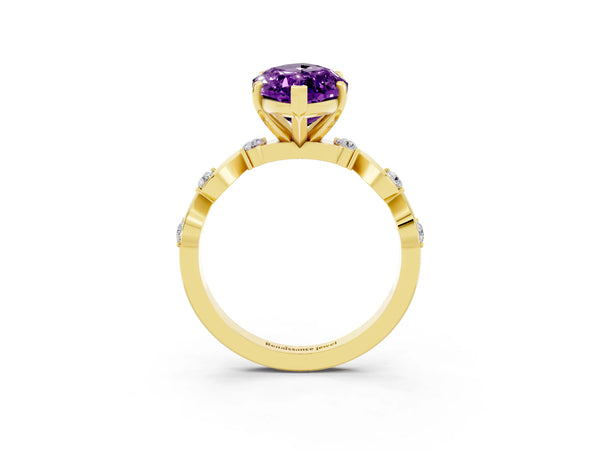 Yellow gold Marquise Cut Amethyst Solitaire Twisted Band with Round  Accents and Prong Setting